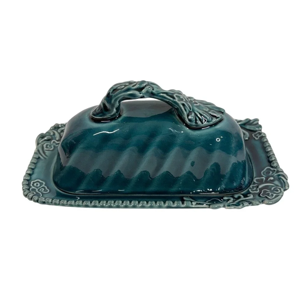 Anthropologie Teal‎ Ceramic Butter Dish with Lid Floral Scrollwork Detail